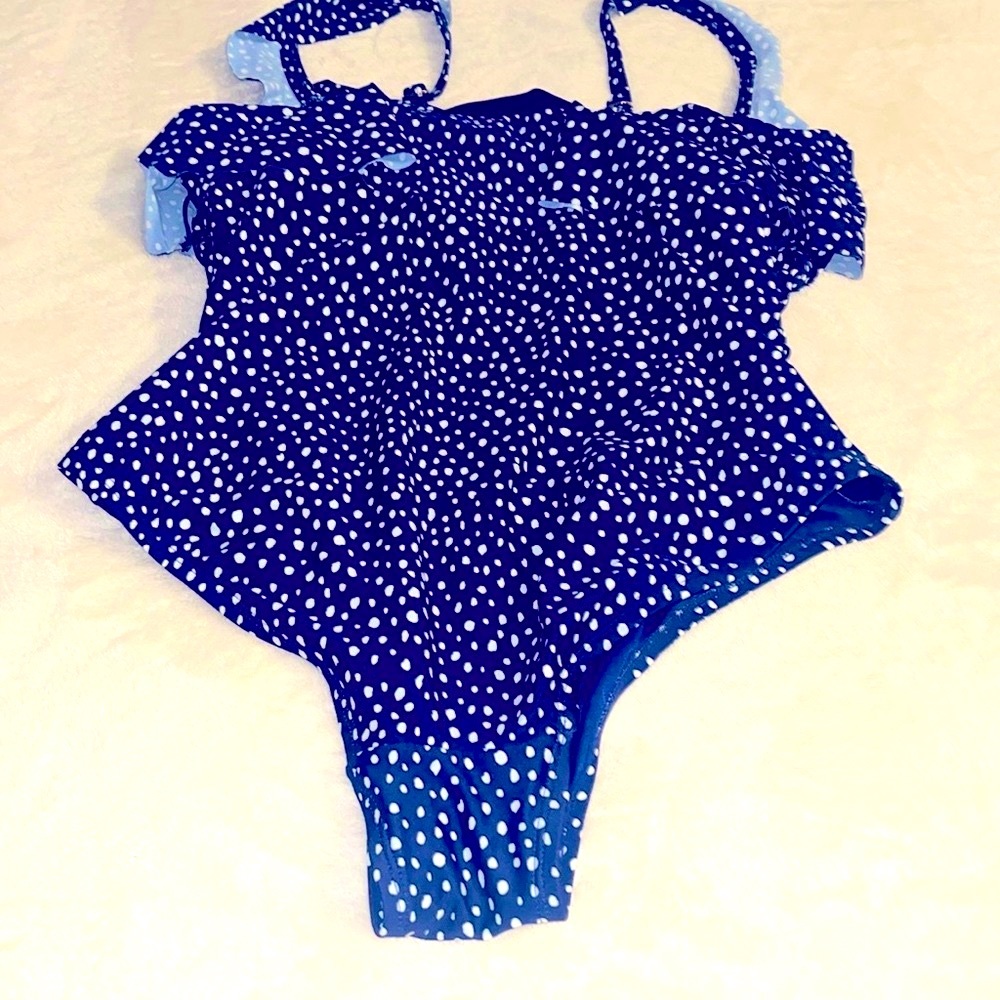 Kona Sol Blue Polka Dot one piece swimsuit size 14